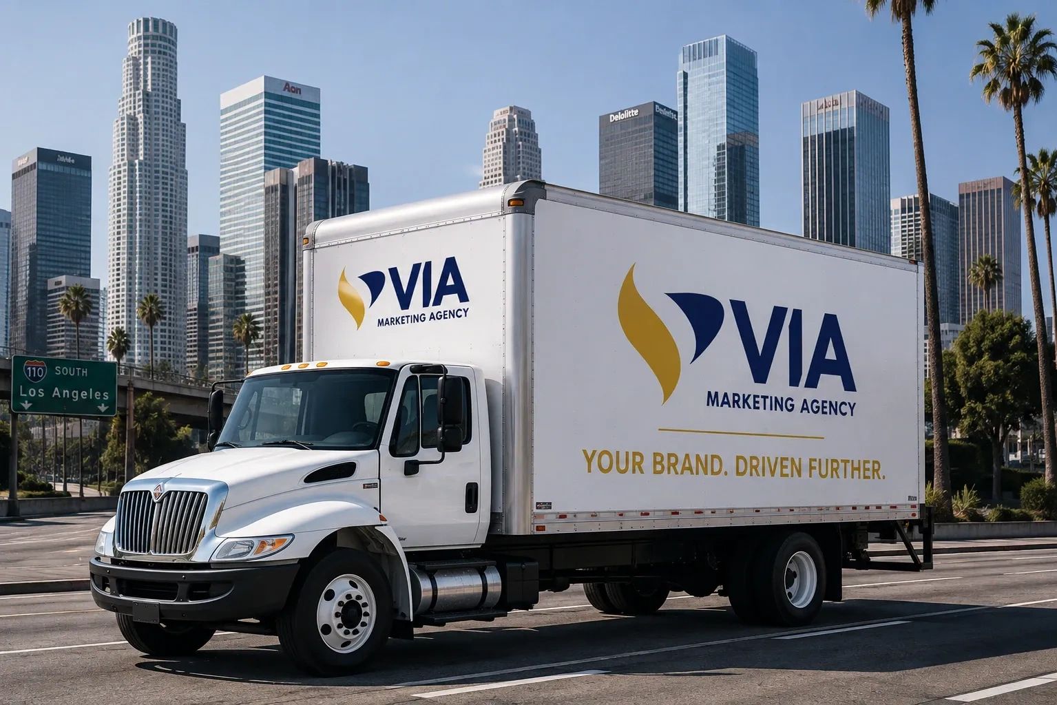 Box truck with marketing agency logo in Los Angeles.