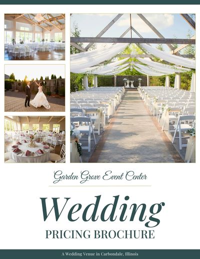 Wedding venue brochure showcasing elegant event spaces and outdoor ceremony setup.