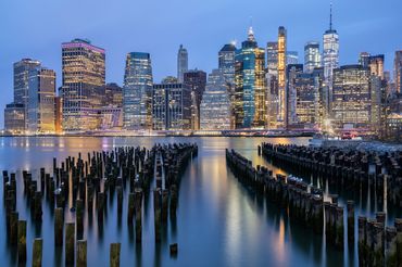 Manhattan, taken from Brooklyn, shot at evening blue hour.