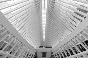 A view of the ceiling / interior roof structure of the Oculus building, New York City.