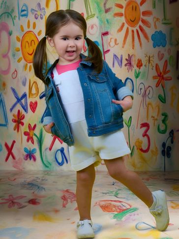 Happy little girl posing in colorful room.