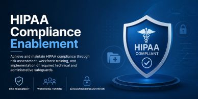 Illustration of HIPAA Compliance Enablement with shield icon and key concepts.