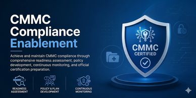 CMMC Compliance Enablement with shield icon and key symbol on blue background.