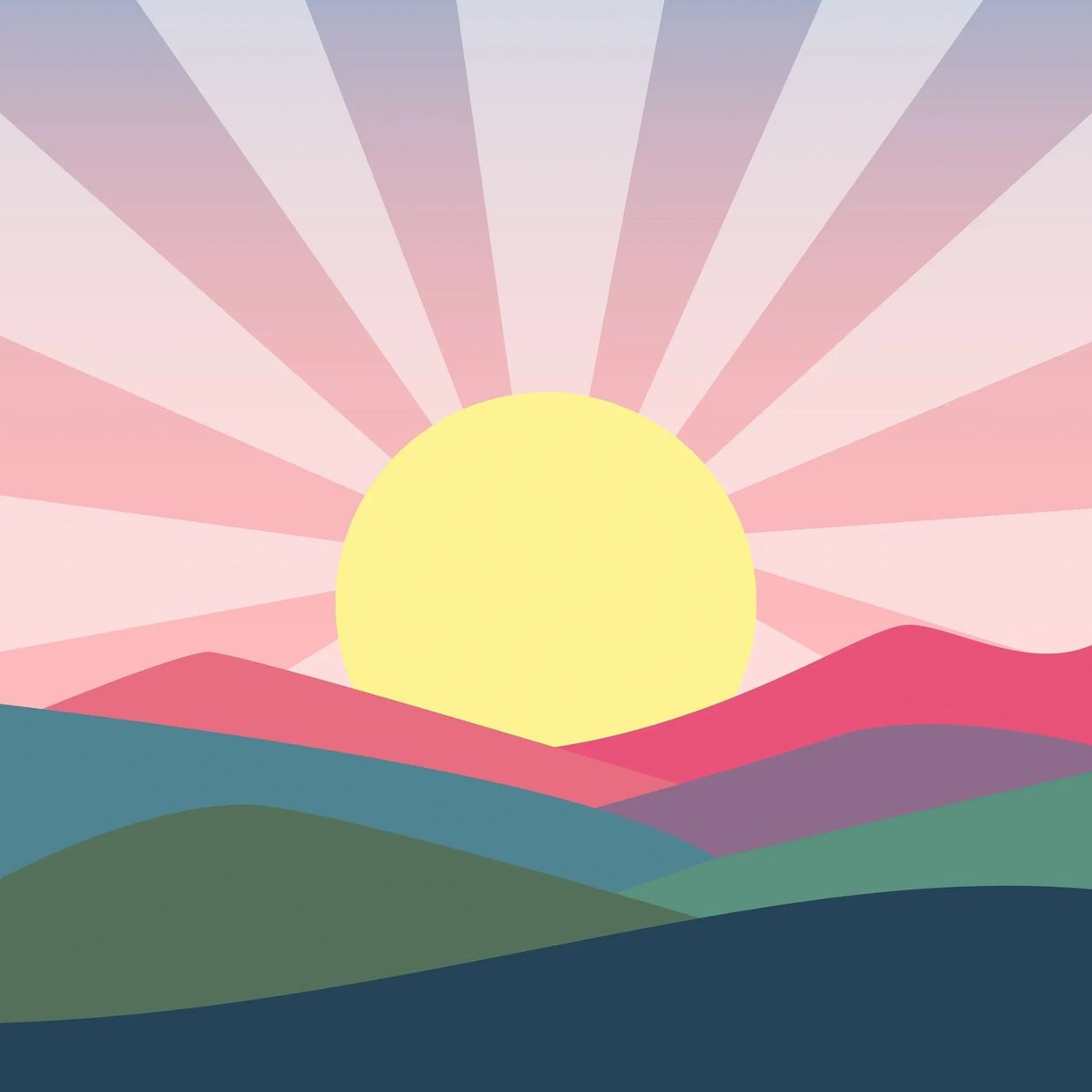Abstract sunrise with colorful hills and rays.