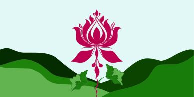 A stylized pink flower against green hills.