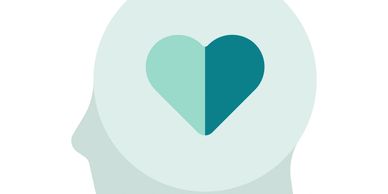 Head silhouette with heart-shaped symbol inside brain area.