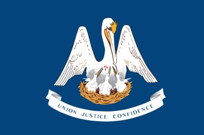 The flag of Louisiana featuring a pelican feeding its chicks.