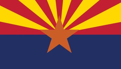 Flag of Arizona with a copper star and red and yellow rays above a blue field.