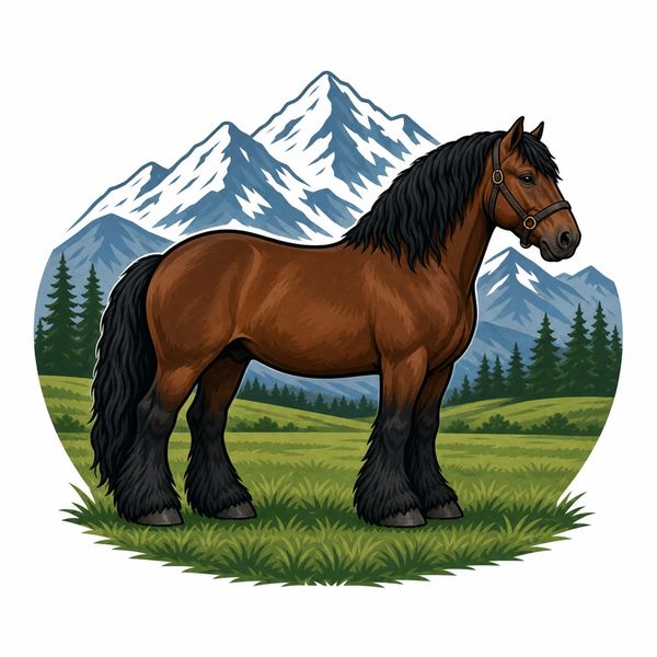 A strong brown horse with black mane and tail stands in a mountainous landscape.