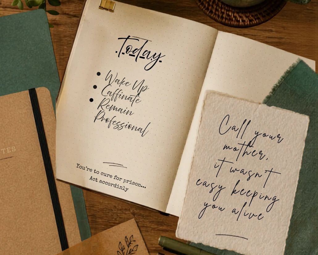 Open journal with motivational and humorous handwritten notes on a wooden table.