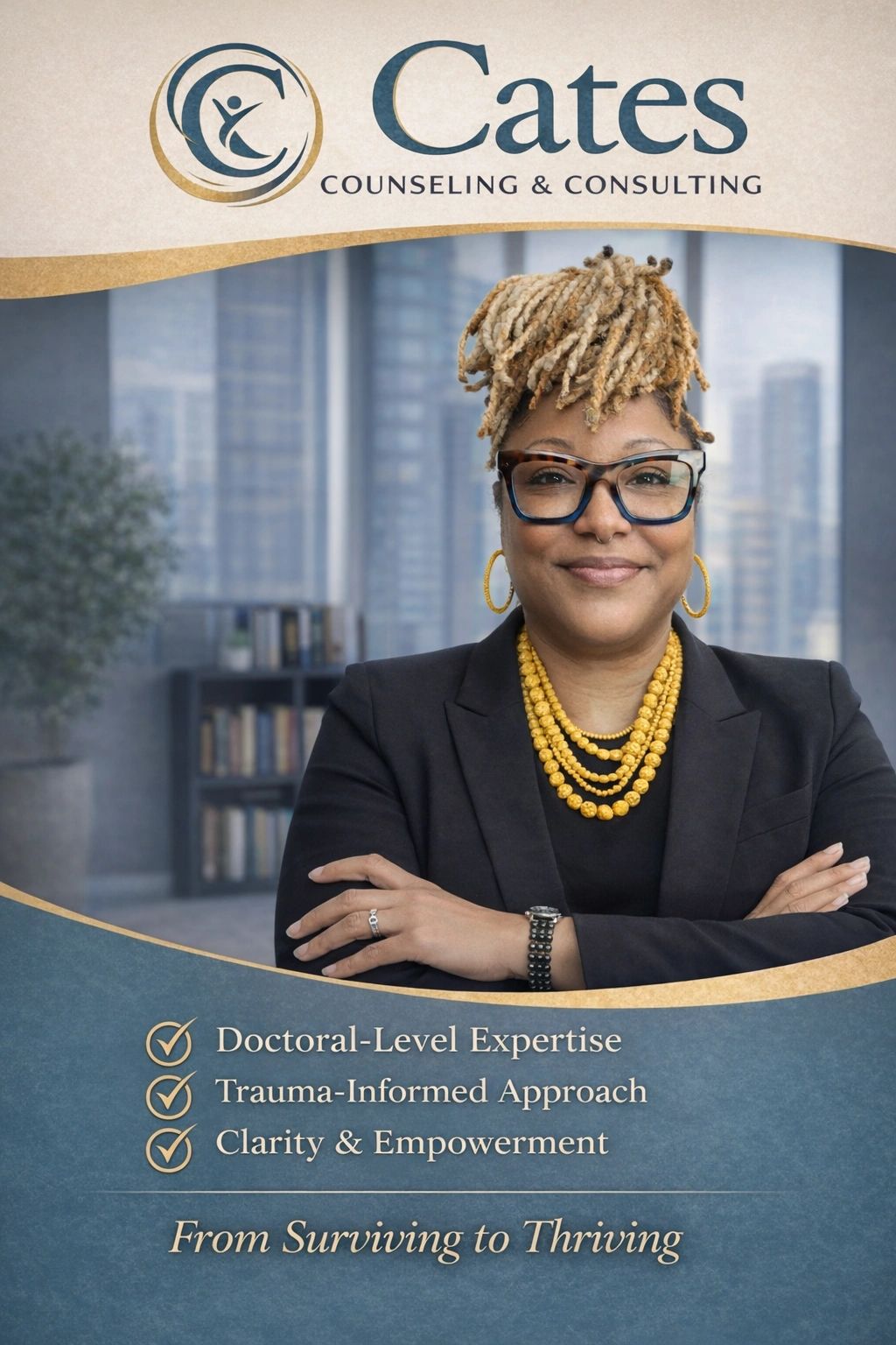 Professional woman promoting Cates Counseling & Consulting with expertise in trauma and empowerment.