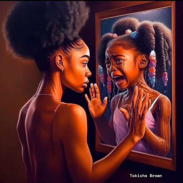 A woman faces a mirror showing her crying younger self, symbolizing inner emotions.