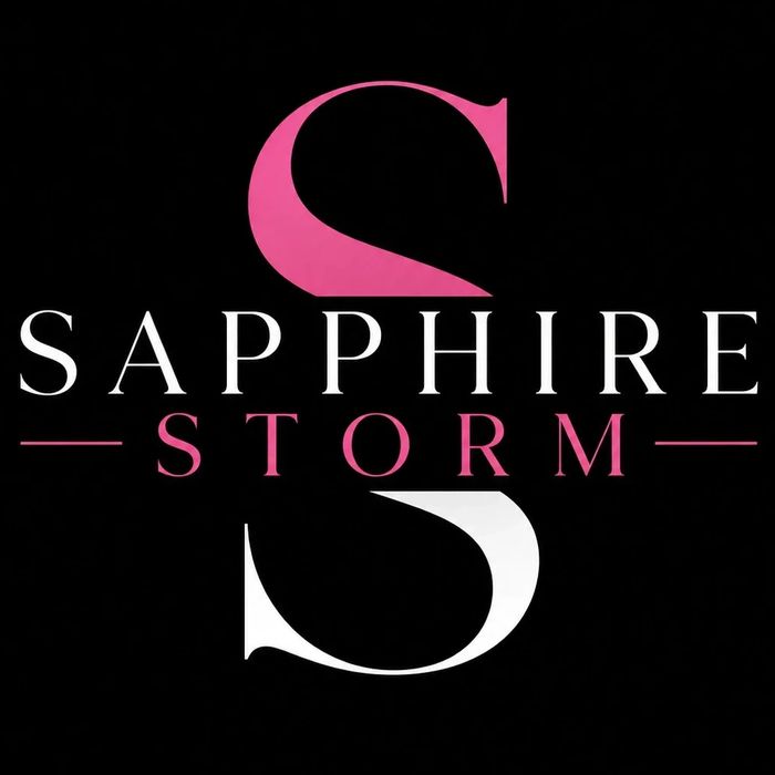 Luxury “SAPPHIRE STORM” logo in bold typography with black and hot pink accents.
