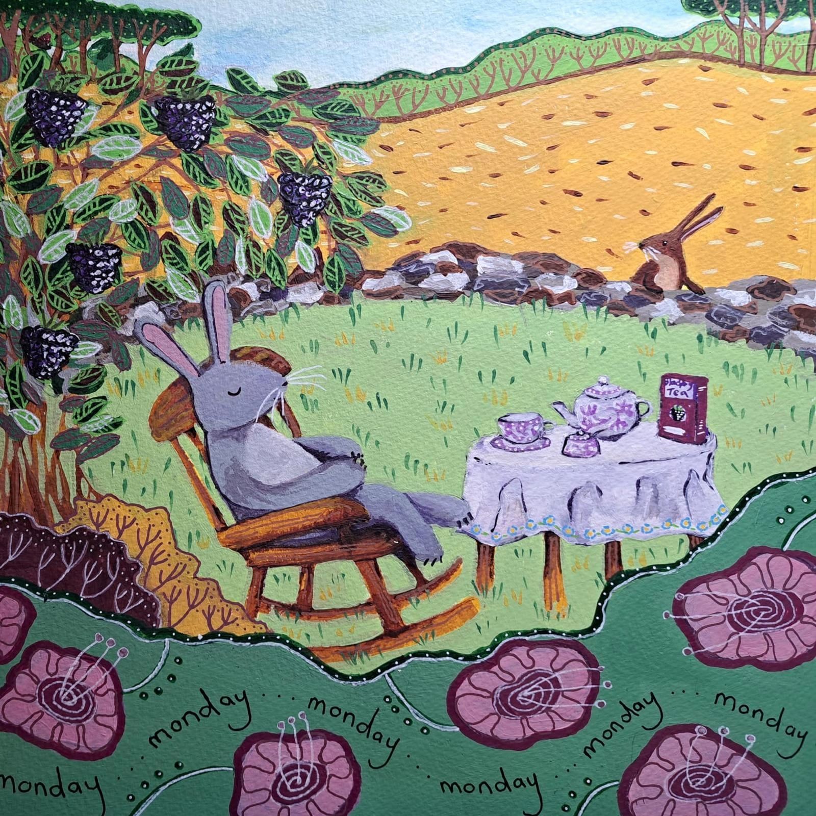 A relaxed bunny enjoys tea outdoors under a blackberry bush.