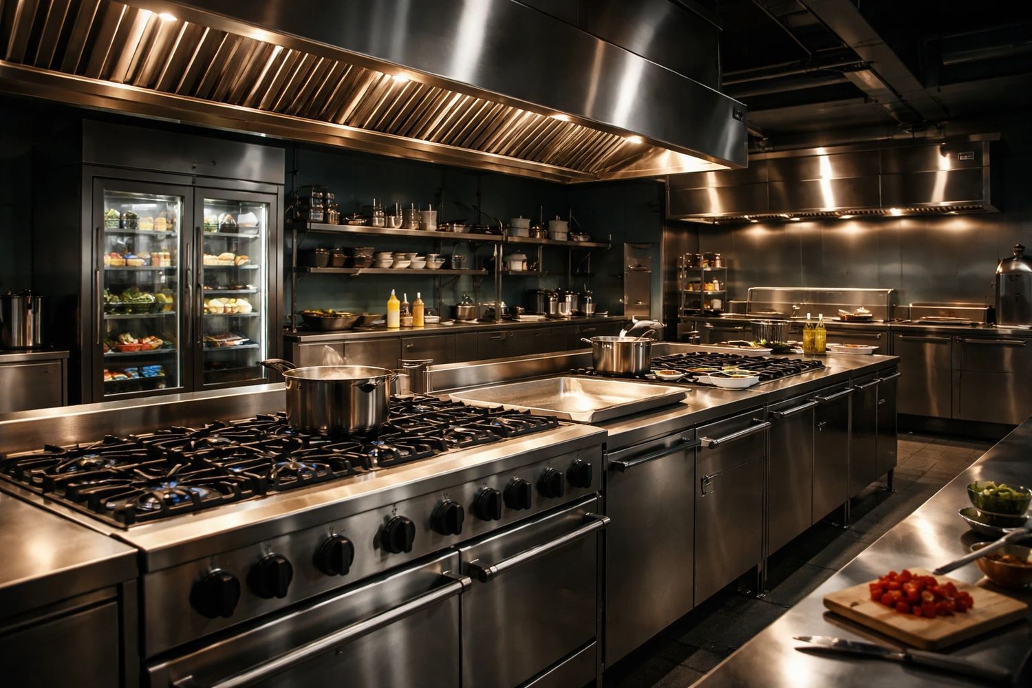 A modern commercial kitchen with stainless steel appliances and cooking pots.