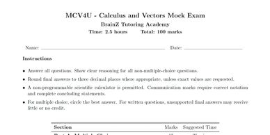 Calculus and vectors mock exam paper from BrainZ Tutoring Academy.