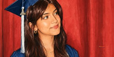 Young woman in graduation attire against red curtain.