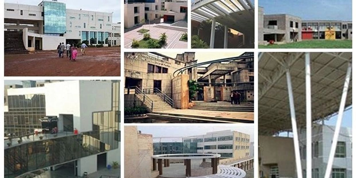 Collage of modern educational institution buildings with various architectural styles.