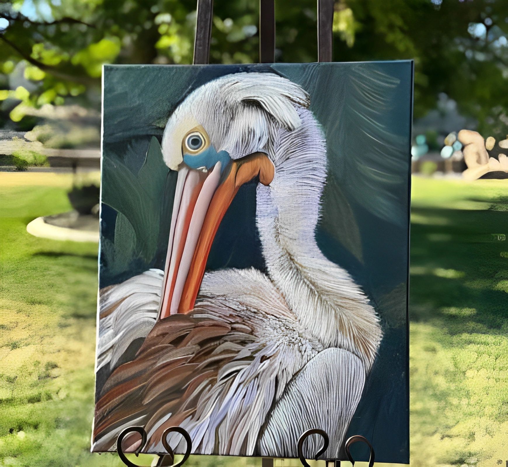 A colorful painting of a pelican with a long orange beak on an easel outdoors.
