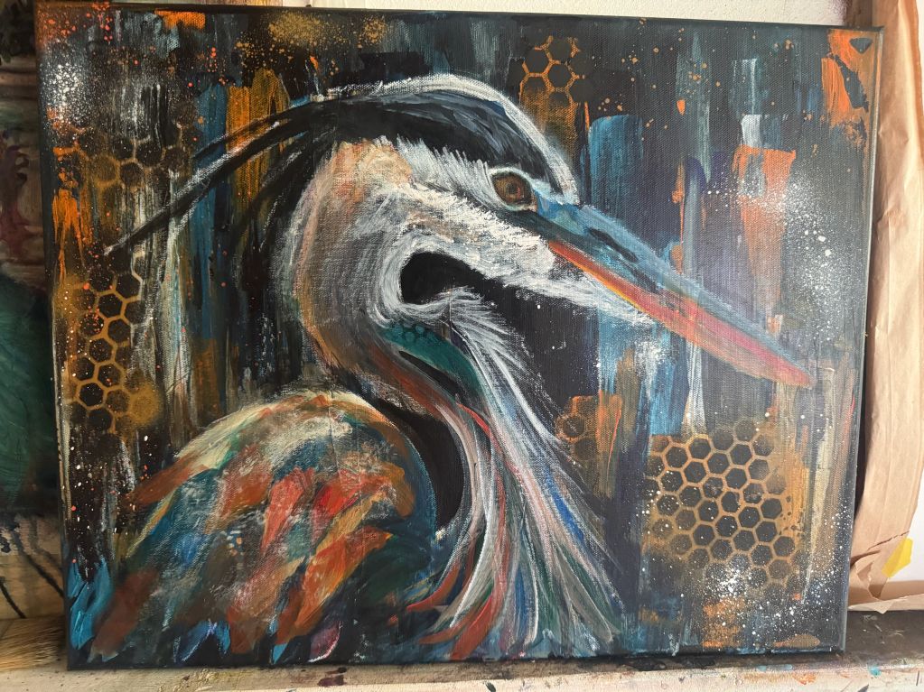 Abstract colorful painting of a bird with honeycomb patterns.