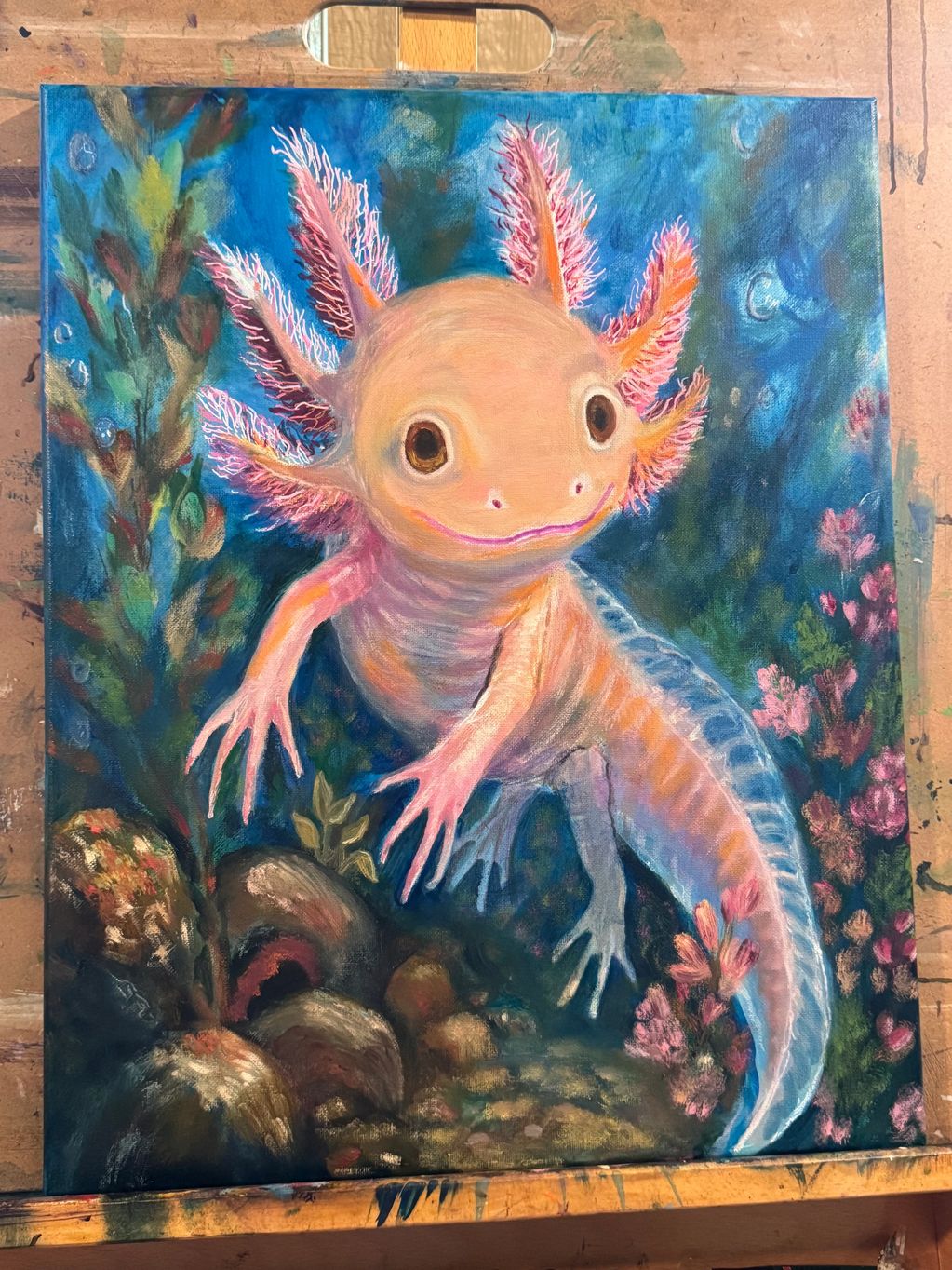 Painting of a cute axolotl underwater.