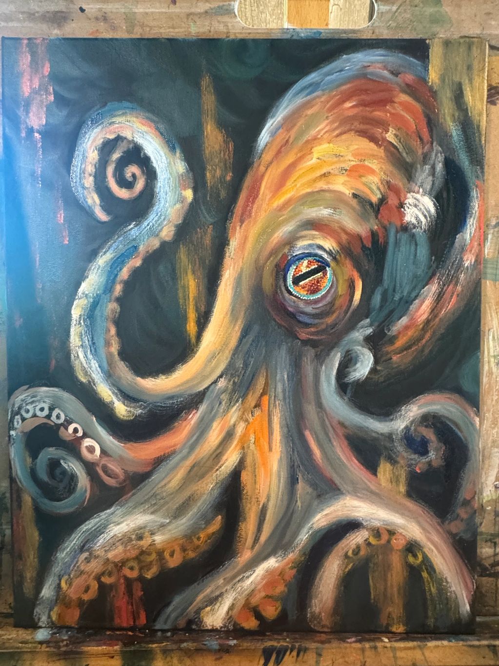 Abstract painting of an octopus with vivid colors.