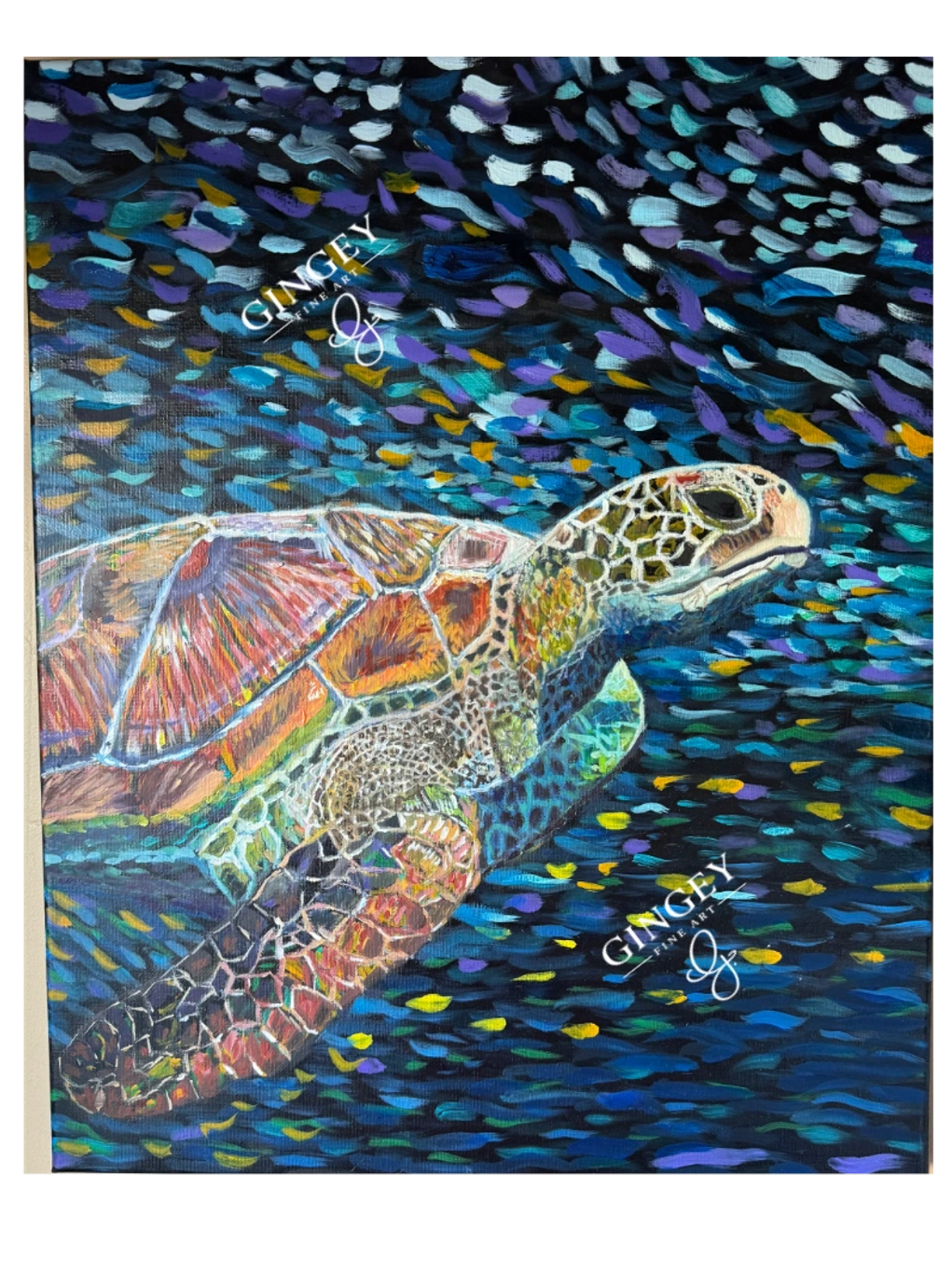 Colorful painting of a sea turtle swimming.