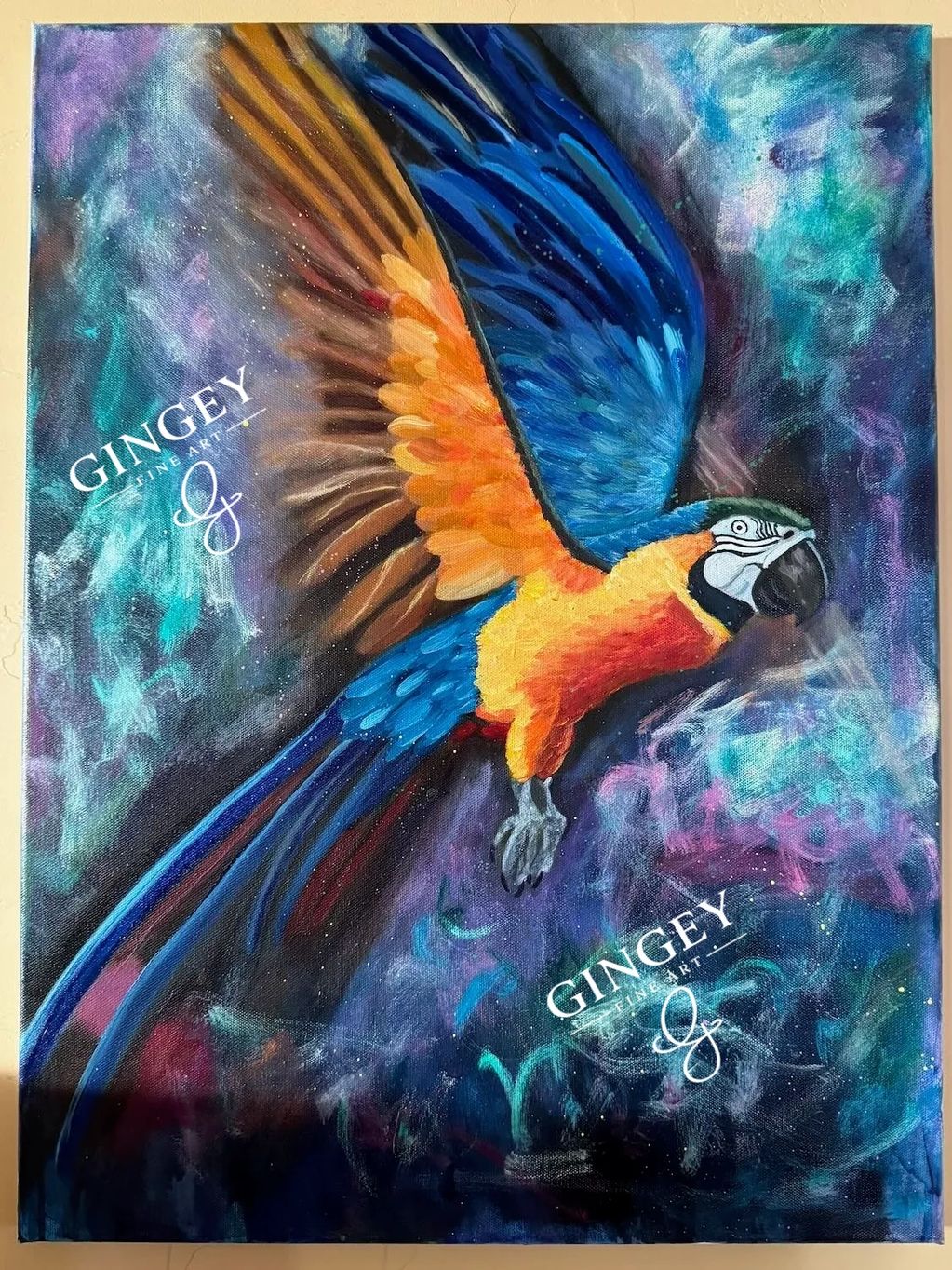 Colorful painting of a flying parrot.