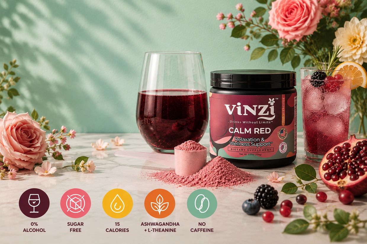 vinzi calming drink mix, vinzi, calm red, relaxing drink mix, non alcoholic wine, healthy non alcoho