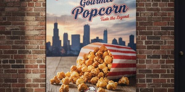 Poster advertising gourmet popcorn with a city skyline in the background.