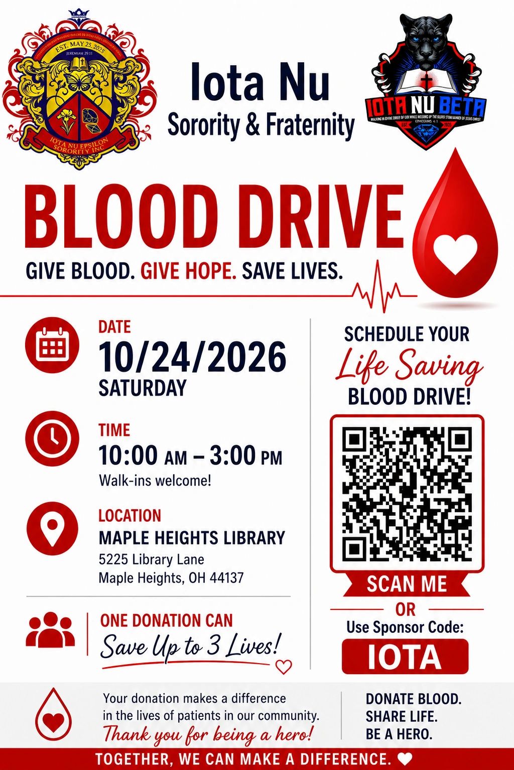 Iota Nu Sorority &amp; Fraternity Blood Drive on 10/24/2026 at Maple Heights Library.