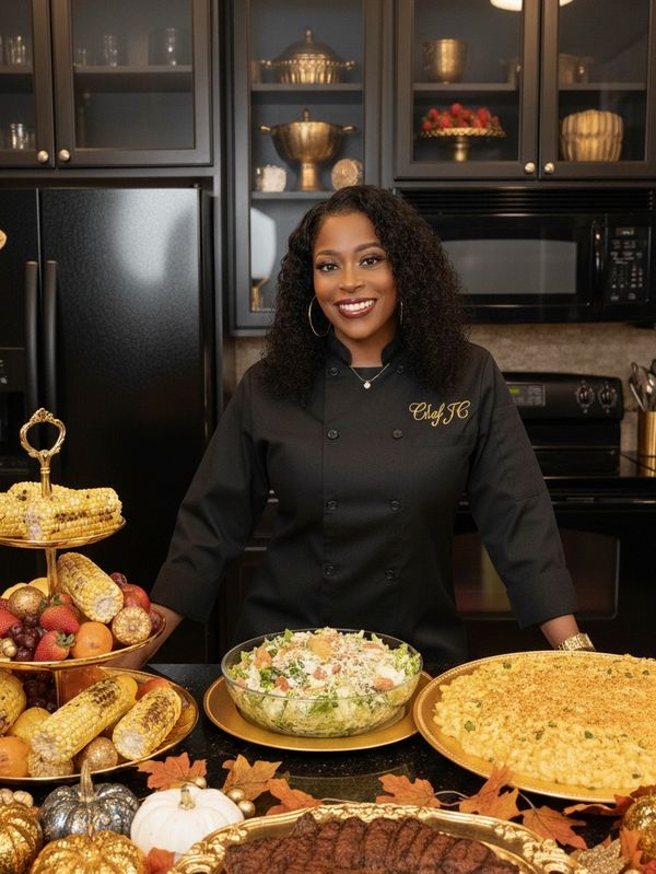 Chef standing in kitchen with Thanksgiving feast.