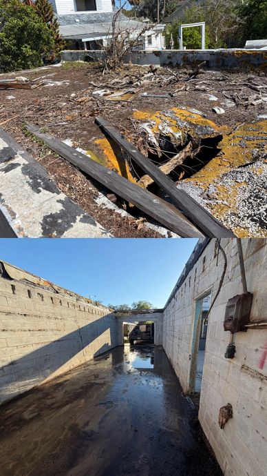 Abandoned, decayed structures with debris and water inside.