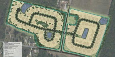 Aerial map of two residential developments with streets and lot layouts.