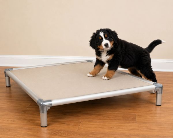 Bernese Mountain Dog puppy on raised bed indoors.