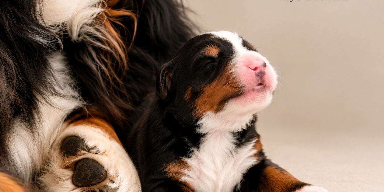 A newborn Bernese Mountain Dog puppy resting beside its mother.