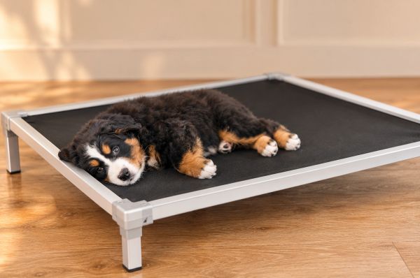 Puppy resting on a raised bed indoors.