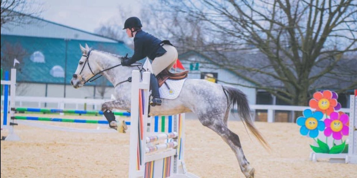 Person riding a horse over a jump in an equestrian event.