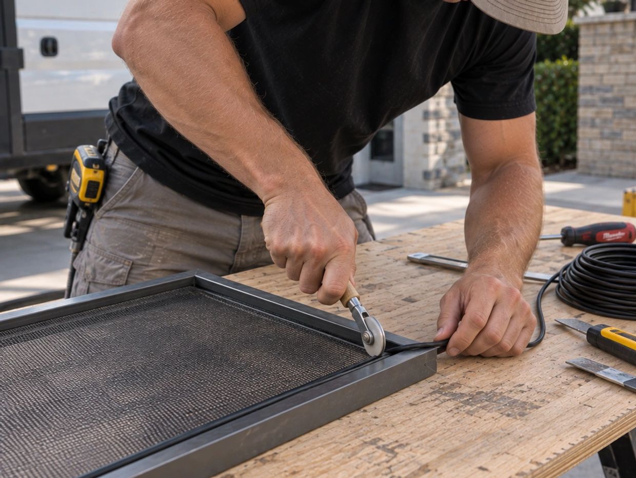 Man installing a window screen using a roller tool.