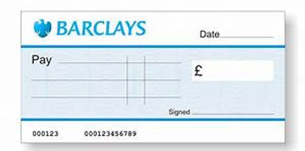 Blank Barclays cheque with spaces for payee, amount, date, and signature.