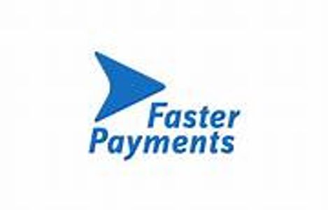 Blue arrow logo with the text Faster Payments.