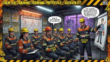 Workers in hazmat suits attend a safety training session on terminal protocols.