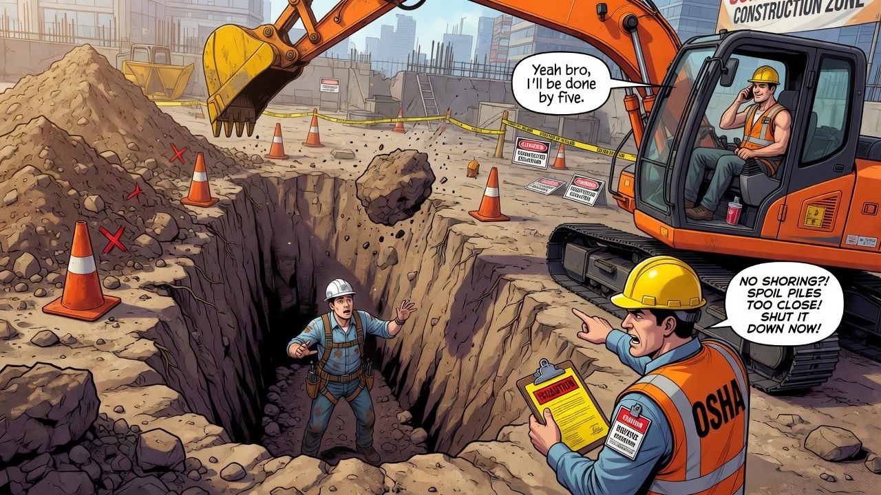 OSHA inspector confronts unsafe construction work with no shoring and spoil piles too close.