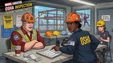 Two construction workers discuss safety on site, with Spider-Man visible outside.