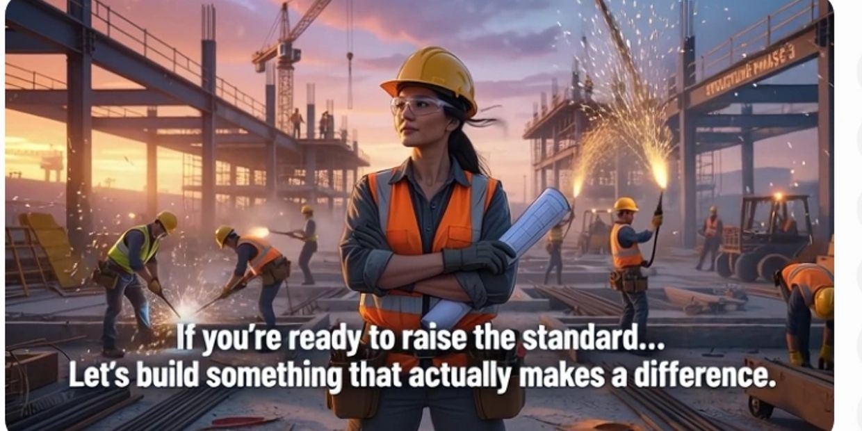 Confident female engineer leads a construction site at sunset, inspiring progress.