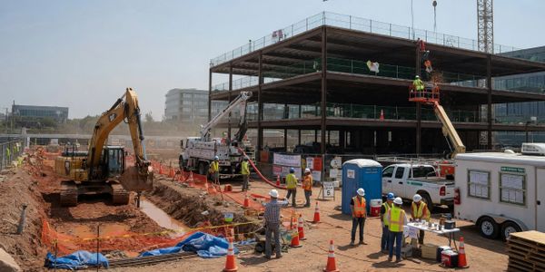Active construction site with workers and heavy machinery building a multi-story structure.