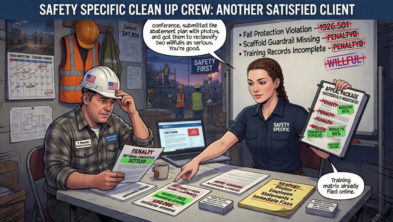 Safety crew resolves violations, reduces penalties, and files training online for client satisfaction.