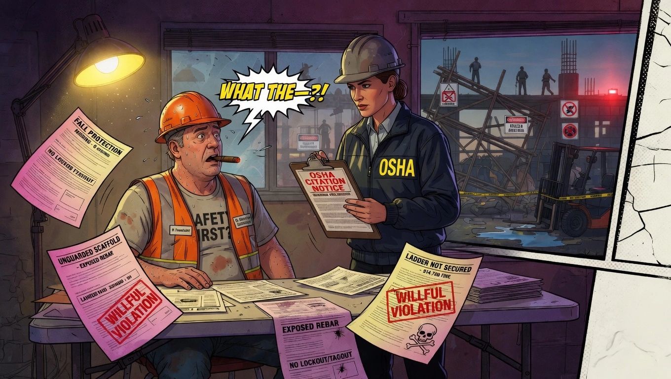 Construction worker shocked by OSHA citation for safety violations at a hazardous site.