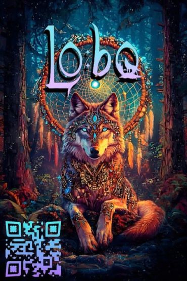 Mystical wolf with a dreamcatcher in a dark forest.