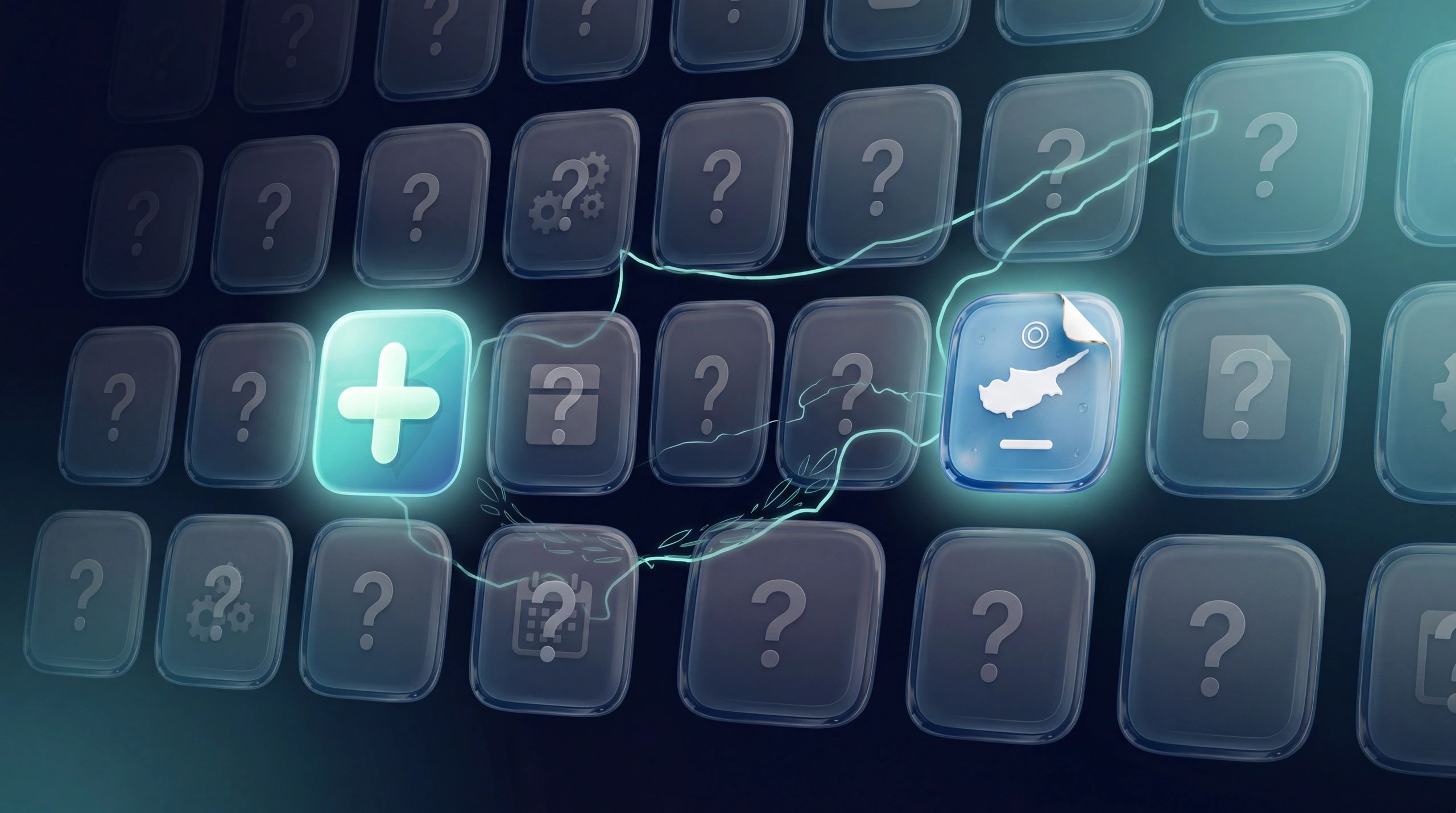 Glowing plus and Cyprus map keys among question marks on a dark keyboard.